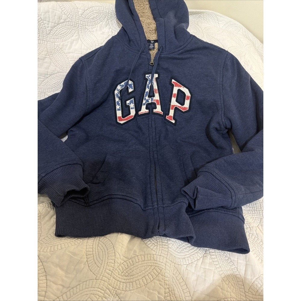 GAP Hoodie Mens XS  Extra Small Blue Fleece Sherpa Lined Full Zip American Flag